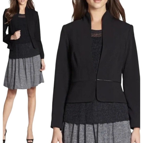 Eileen Fisher NWT Petite Tropical Blazer w Leather Trim Black Stand Collar PM - Picture 7 of 12